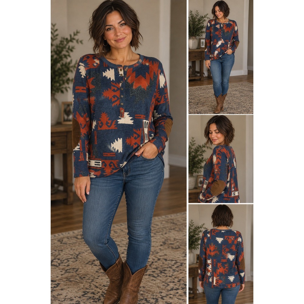 Lauren Ralph Lauren Southwestern Henley Top Faux Suede Elbow Patches Navy Red L